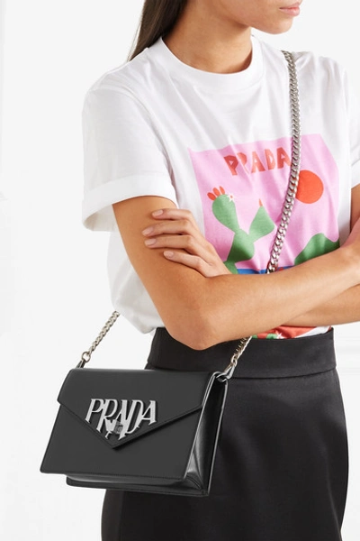 Shop Prada Logo Liberty Leather Shoulder Bag In Black