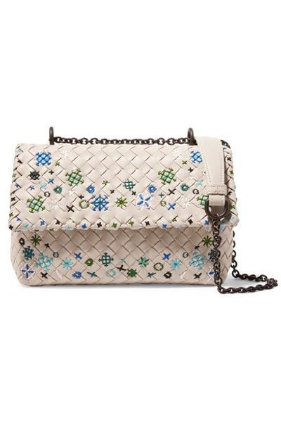 Shop Bottega Veneta Olimpia Baby Embroidered Intrecciato Leather Shoulder Bag In Cream