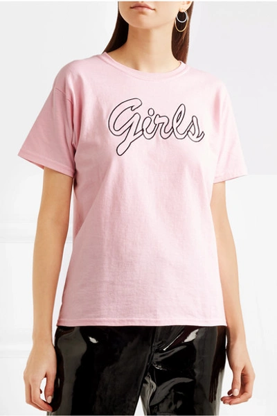 Shop Double Trouble Gang Girls Embroidered Cotton-jersey T-shirt In Pink