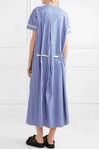 Shop Sacai Lace-trimmed Striped Cotton-poplin Dress In Blue