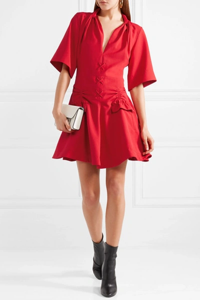 Shop Carven Lace-up Ruched Canvas Mini Dress In Red