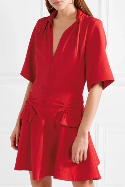 Shop Carven Lace-up Ruched Canvas Mini Dress In Red