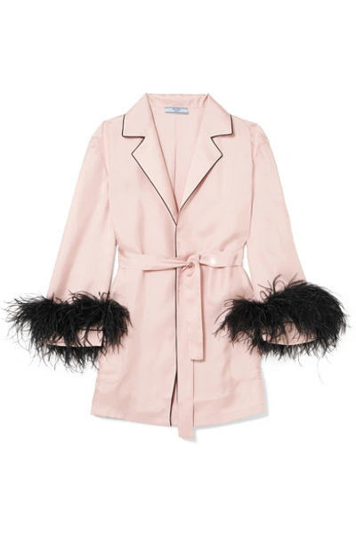 Shop Prada Feather-embellished Silk-twill Robe In Pink