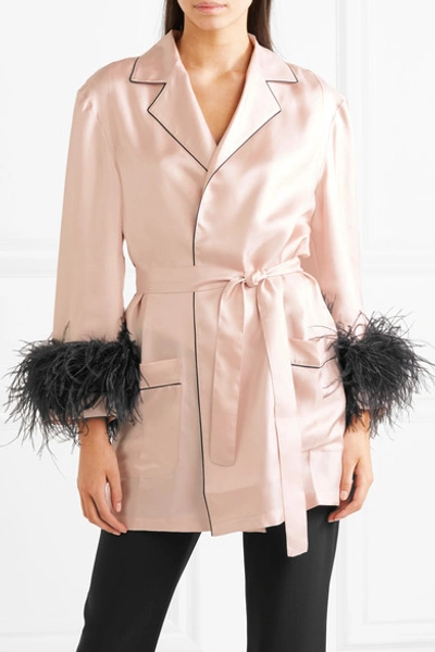 Shop Prada Feather-embellished Silk-twill Robe In Pink