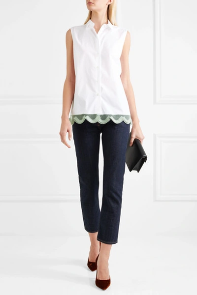 Shop Prada Organza-trimmed Cotton-poplin Top In White