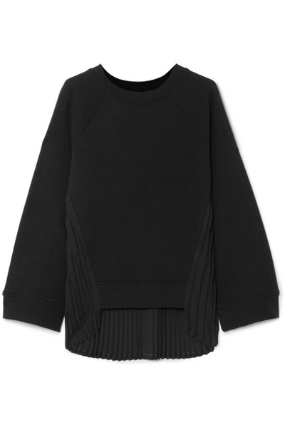 Shop Mm6 Maison Margiela Pleated Crepe-paneled Cotton-terry Sweatshirt In Black