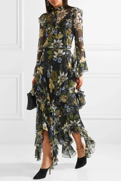 Shop Erdem Elsa Asymmetric Ruffled Floral-print Silk-chiffon Midi Skirt In Black