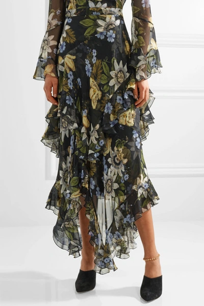 Shop Erdem Elsa Asymmetric Ruffled Floral-print Silk-chiffon Midi Skirt In Black