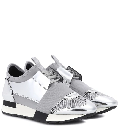 Shop Balenciaga Race Runner Leather Sneakers In Silver