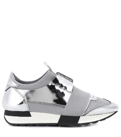 Shop Balenciaga Race Runner Leather Sneakers In Silver