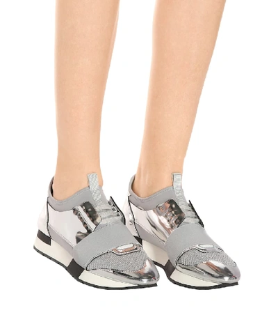 Shop Balenciaga Race Runner Leather Sneakers In Silver