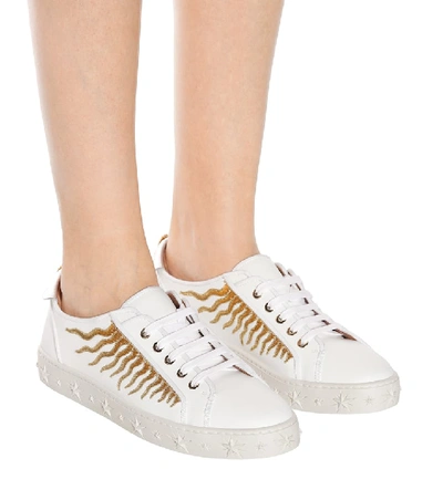 Shop Aquazzura Surflask Embroidered Leather Sneakers In White