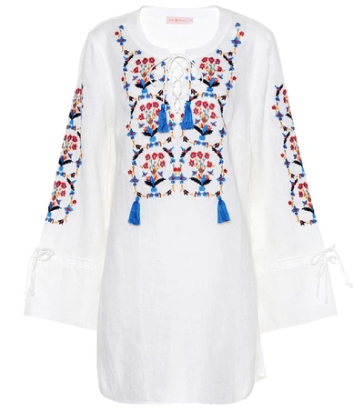 Shop Tory Burch Wildflower Embroidered Linen Dres In White