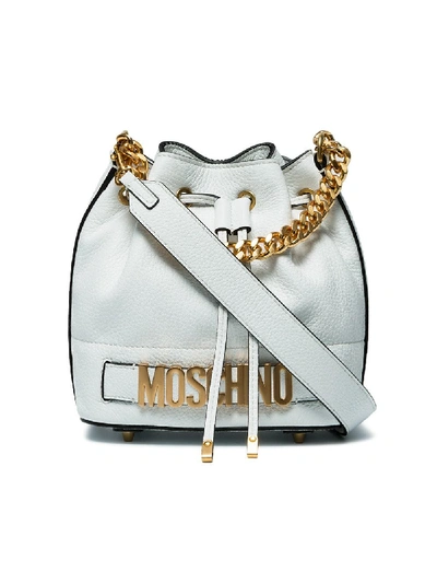 Shop Moschino White Logo Leather Bucket Bag
