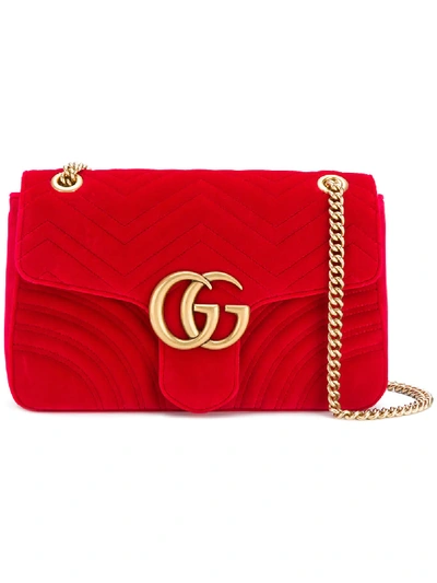 Shop Gucci Gg Marmont Velvet Shoulder Bag In Red