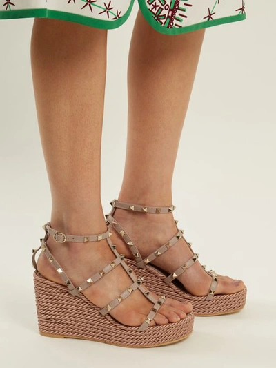 Valentino Garavani Torchon Rockstud Leather Wedge Sandals In Ruby | ModeSens