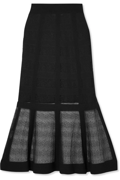 Shop Alexander Mcqueen Lace-paneled Stretch-knit Midi Skirt In Black