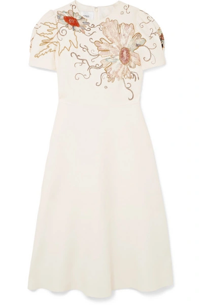 Shop Valentino Embellished Wool And Silk-blend Crepe Dress In Ivory