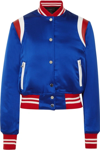Shop Amiri Leather-trimmed Silk-satin Bomber Jacket In Royal Blue