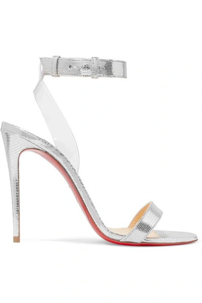 Shop Christian Louboutin Jonatina 100 Pvc-trimmed Metallic Lizard-effect Leather Sandals In Silver