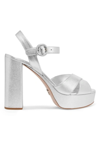 Shop Prada Metallic Textured-leather Platform Sandals In Silver