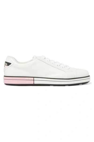Shop Prada Logo-embellished Leather Sneakers In White