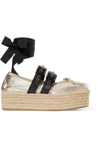 Shop Miu Miu Metallic Leather Platform Espadrilles In Gold