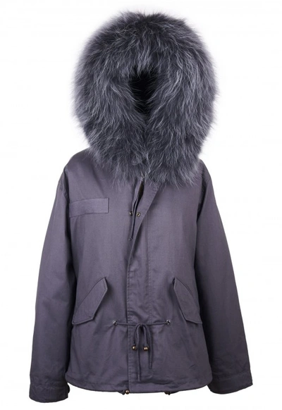 Shop Popski London Grey Parka Jacket With Matching Raccoon Fur Collar
