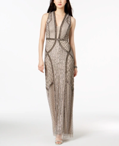 Shop Adrianna Papell Beaded V-neck Gown In Platinum