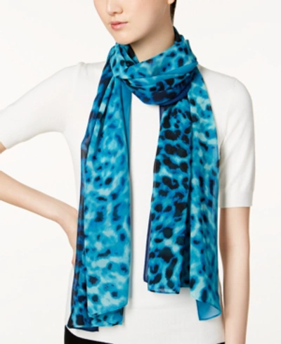 Shop Calvin Klein Ombre Leopard-print Chiffon Scarf In Atlantis Blue