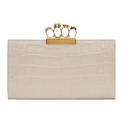 Shop Alexander Mcqueen White Croc Knuckle Clasp Flat Clutch