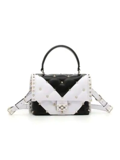 Shop Valentino Candystud Leather Top Handle Bag In Black White