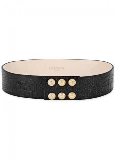 Shop Balmain Black Crocodile-effect Leather Belt