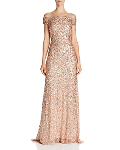 Shop Adrianna Papell Off-the-shoulder Sequined Gown In Rose Gold