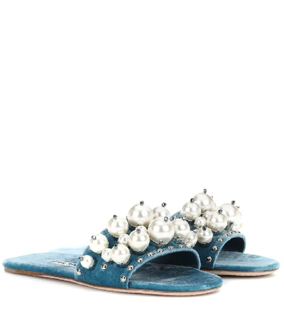 Shop Miu Miu Embellished Velvet Slides In Blue