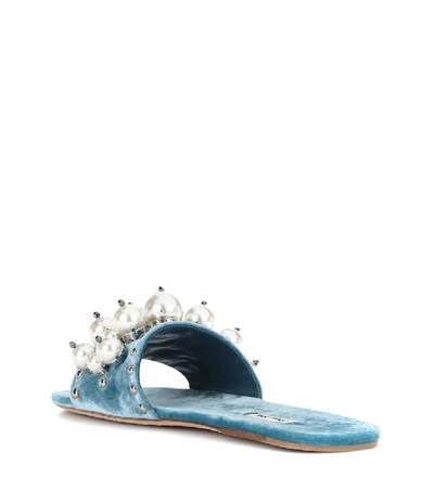 Shop Miu Miu Embellished Velvet Slides In Blue