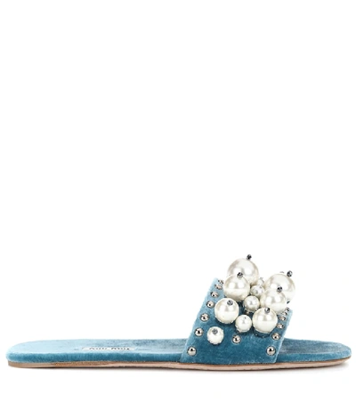 Shop Miu Miu Embellished Velvet Slides In Blue