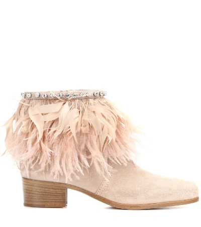 Shop Miu Miu Embellished Suede Ankle Boots In Pink