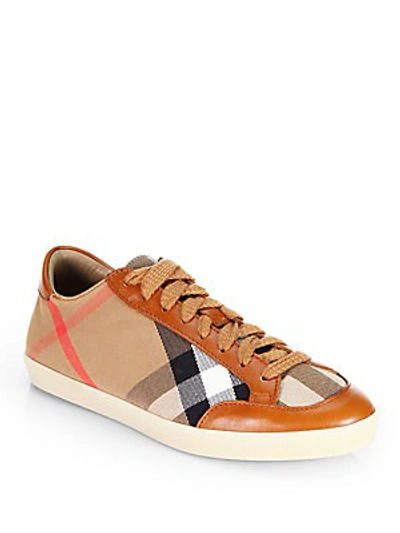 Shop Burberry Hartfield Check Canvas & Leather Sneakers In Tan