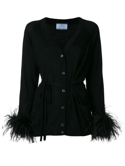 Shop Prada Embellished Belted Cardigan - Black