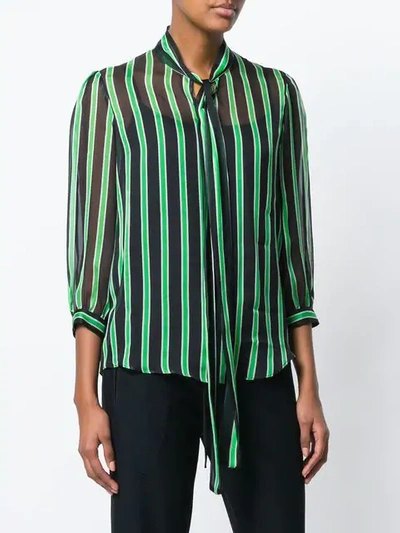 Shop Msgm Striped Pussy Bow Blouse - Green