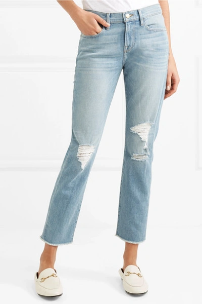 Shop Frame Le Boy Cropped Distressed High-rise Straight-leg Jeans In Mid Denim