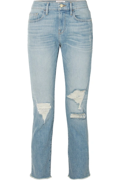 Shop Frame Le Boy Cropped Distressed High-rise Straight-leg Jeans In Mid Denim