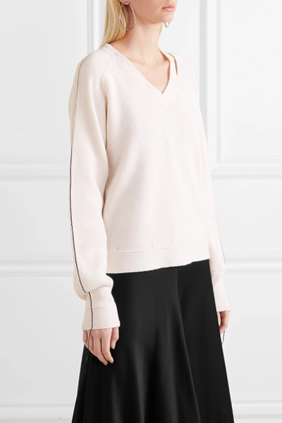 Shop Helmut Lang Cutout Distressed Cotton-blend Sweater In Ivory