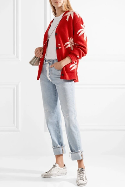 Shop Amiri Intarsia Cashmere And Wool-blend Cardigan In Red