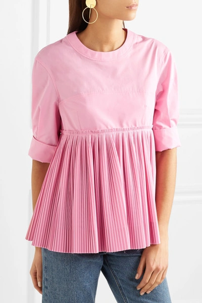 Shop Cedric Charlier Pleated Cotton-blend Peplum Blouse In Pink