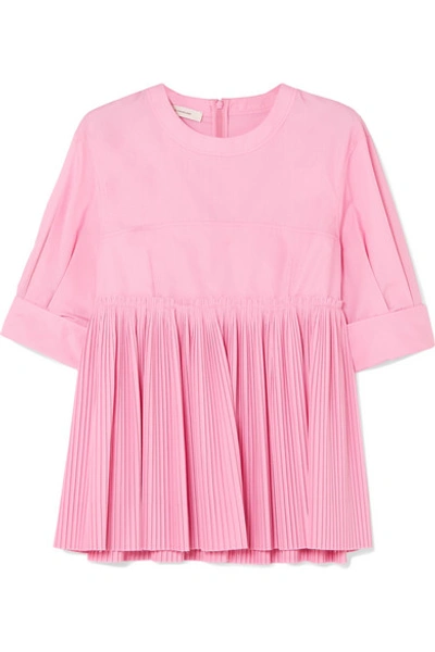 Shop Cedric Charlier Pleated Cotton-blend Peplum Blouse In Pink