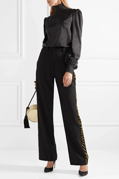 Shop Hillier Bartley Barathea Printed Velvet-trimmed Linen Wide-leg Pants In Black