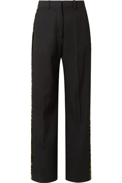 Shop Hillier Bartley Barathea Printed Velvet-trimmed Linen Wide-leg Pants In Black