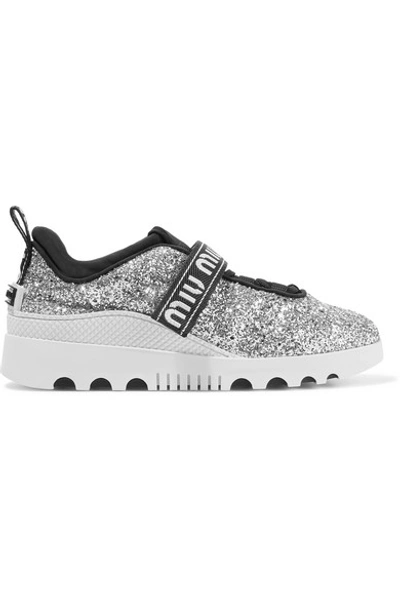 Shop Miu Miu Logo-embroidered Glittered Neoprene And Rubber Sneakers In Silver